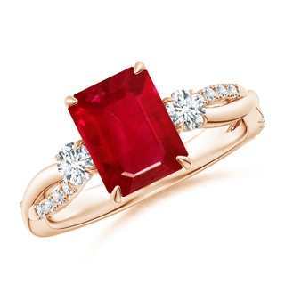 9x7mm AAA Three Stone Emerald-Cut Ruby & Round Diamond Engagement Ring in Rose Gold