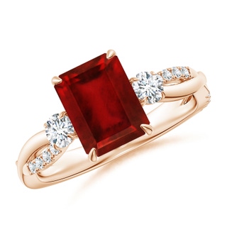 9x7mm AAAA Three Stone Emerald-Cut Ruby & Round Diamond Engagement Ring in Rose Gold