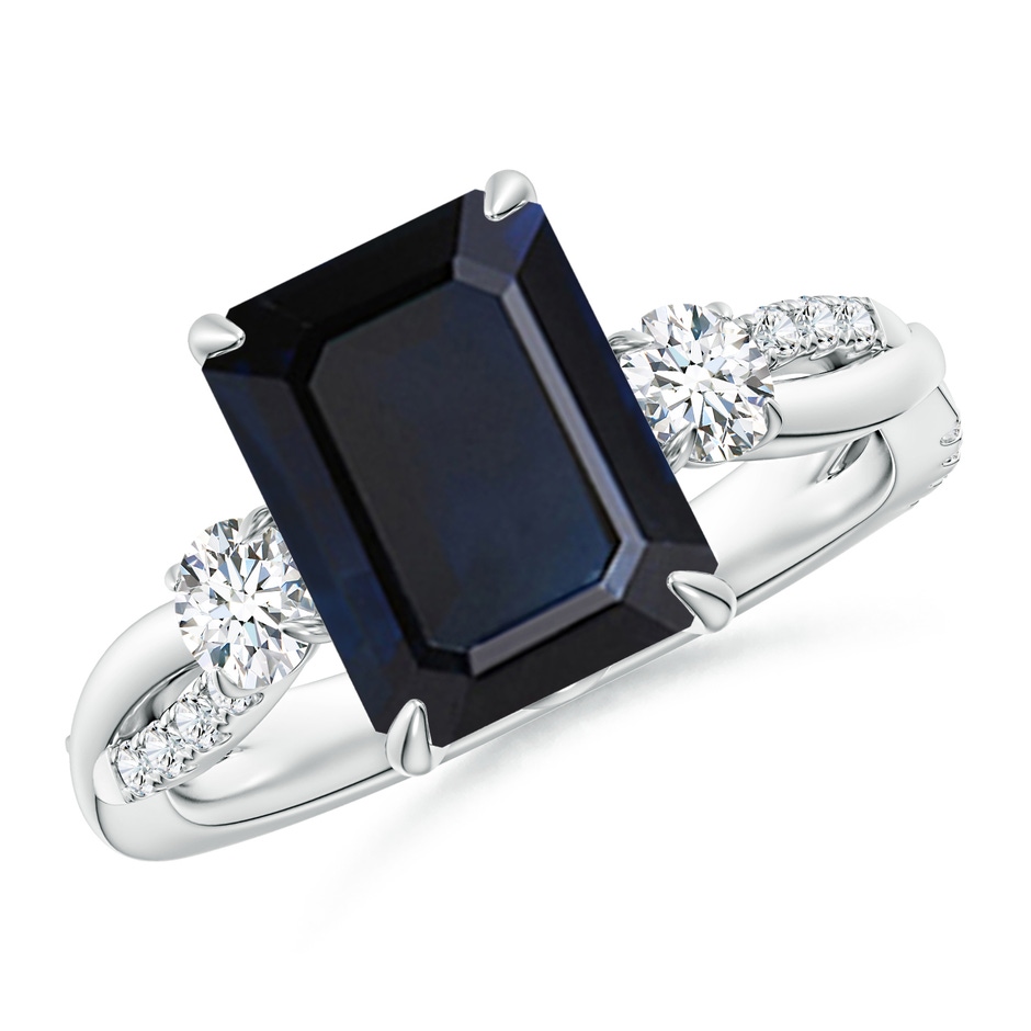 10x8mm A Three Stone Emerald-Cut Blue Sapphire & Round Diamond Engagement Ring in White Gold 