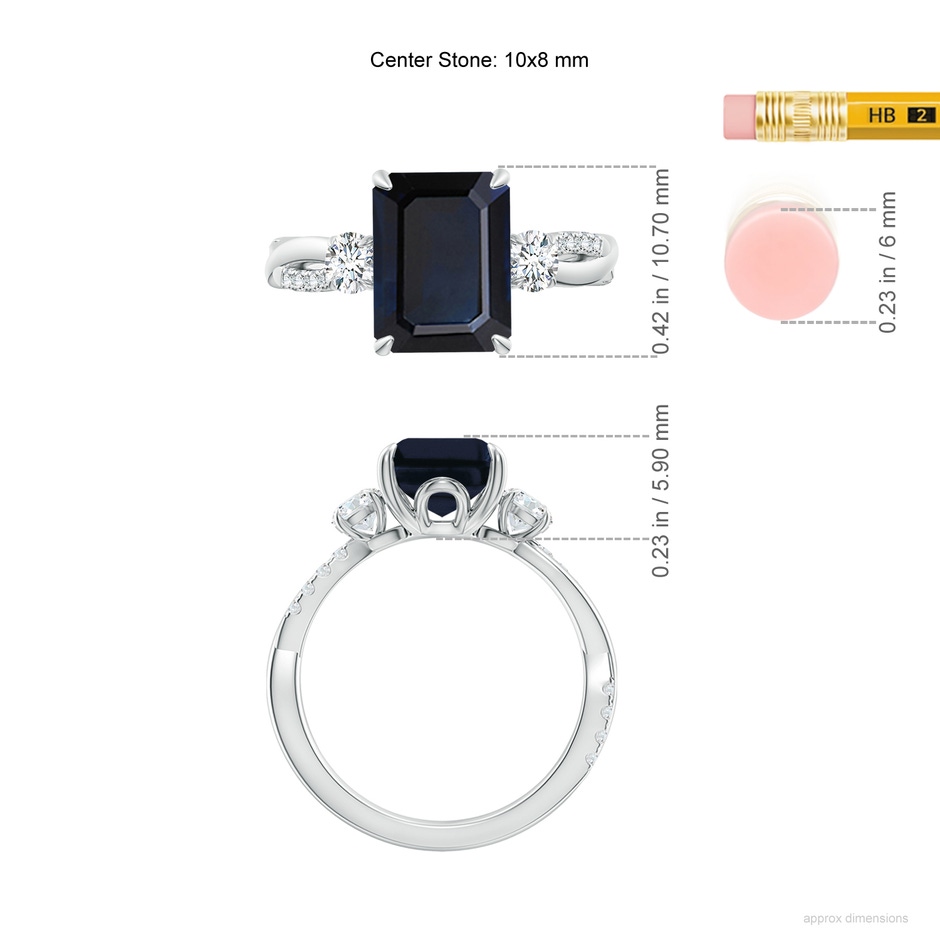 10x8mm A Three Stone Emerald-Cut Blue Sapphire & Round Diamond Engagement Ring in White Gold ruler