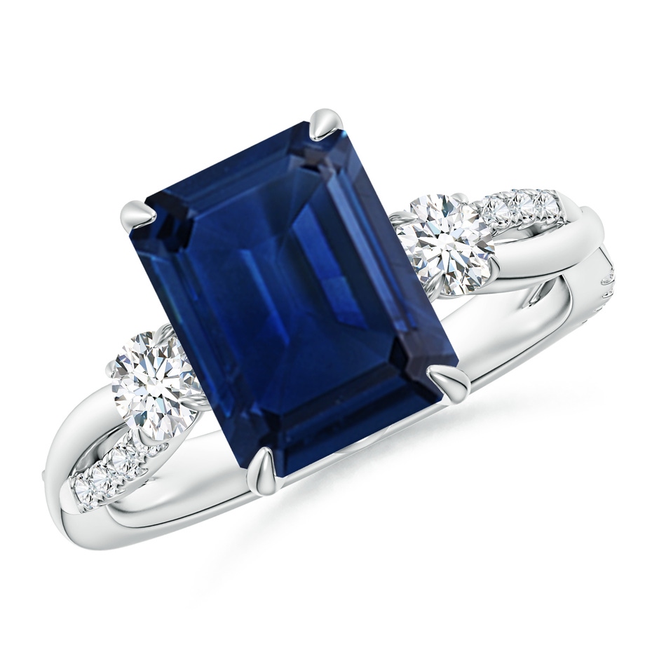 10x8mm AAA Three Stone Emerald-Cut Blue Sapphire & Round Diamond Engagement Ring in P950 Platinum 