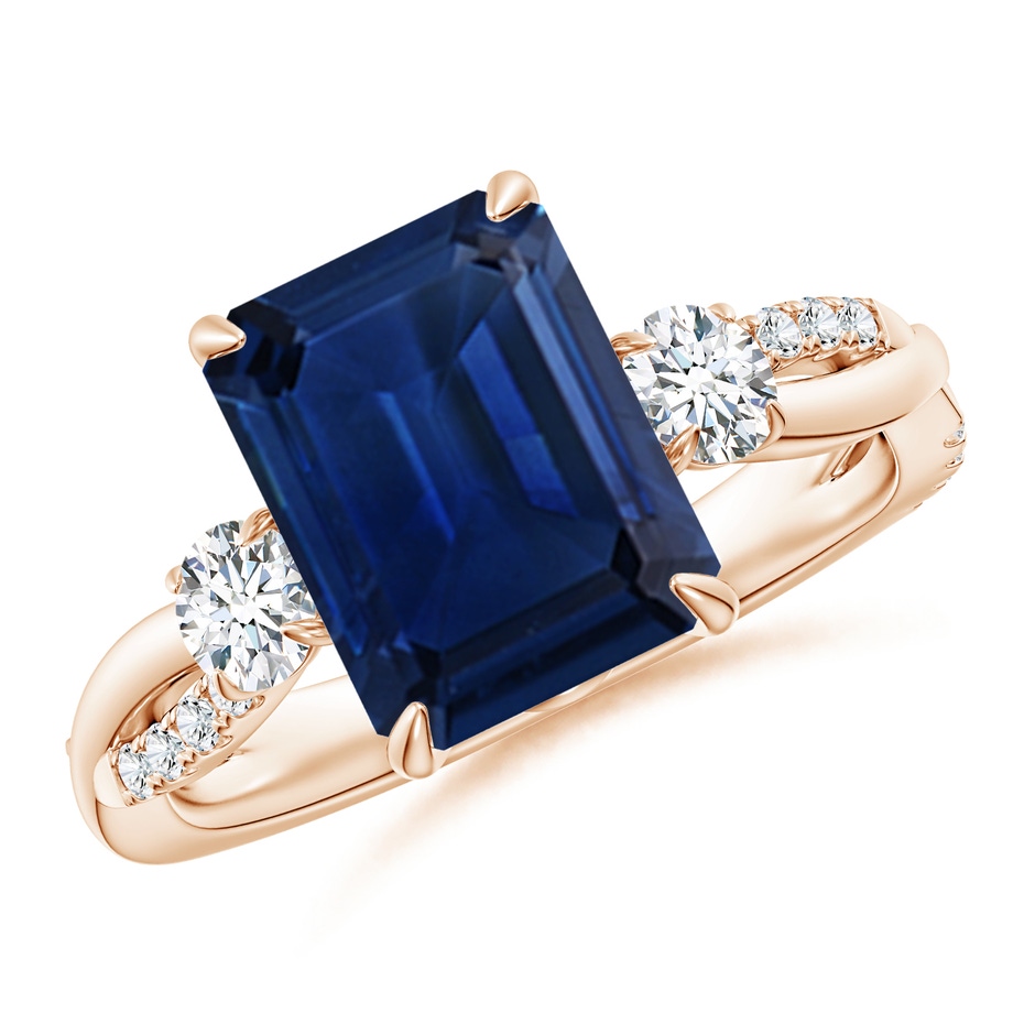 10x8mm AAA Three Stone Emerald-Cut Blue Sapphire & Round Diamond Engagement Ring in Rose Gold 