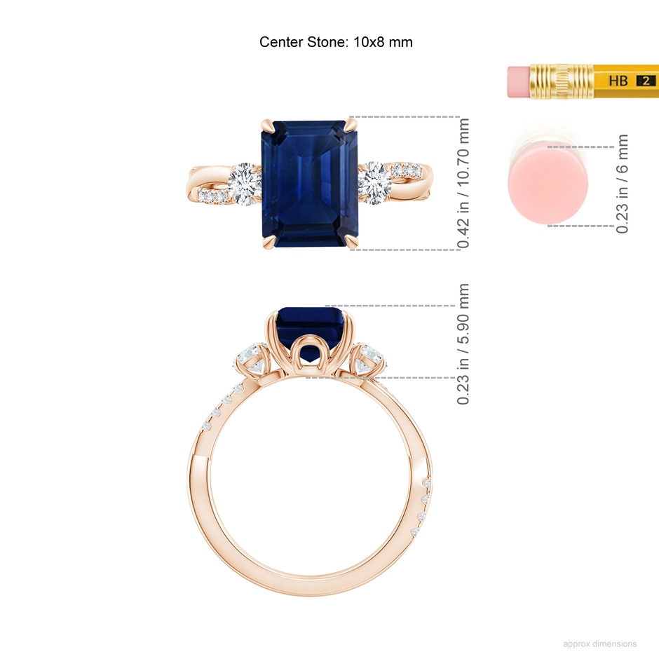10x8mm AAA Three Stone Emerald-Cut Blue Sapphire & Round Diamond Engagement Ring in Rose Gold ruler