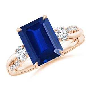 10x8mm AAAA Three Stone Emerald-Cut Blue Sapphire & Round Diamond Engagement Ring in 10K Rose Gold