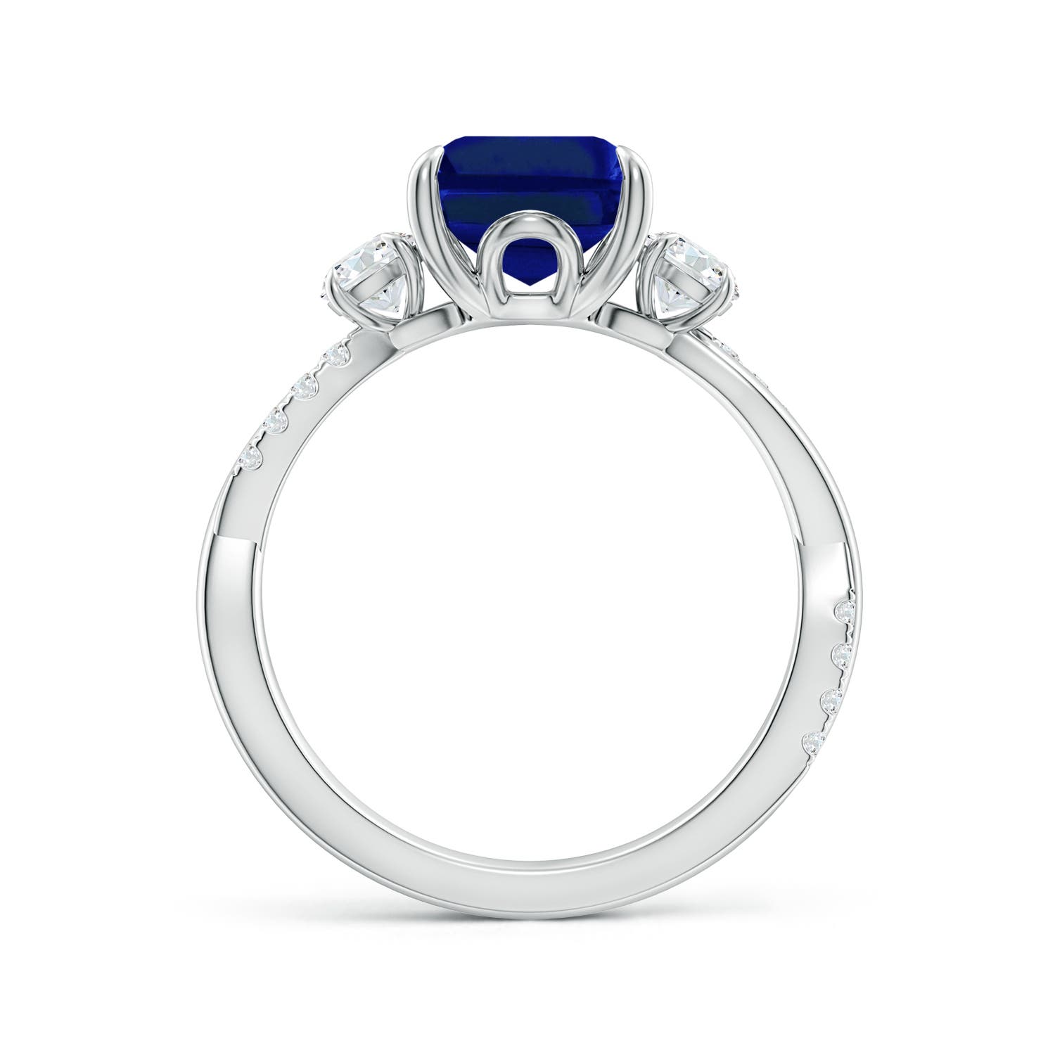 10x8mm AAAA Three Stone Emerald-Cut Blue Sapphire & Round Diamond Engagement Ring in 18K White Gold