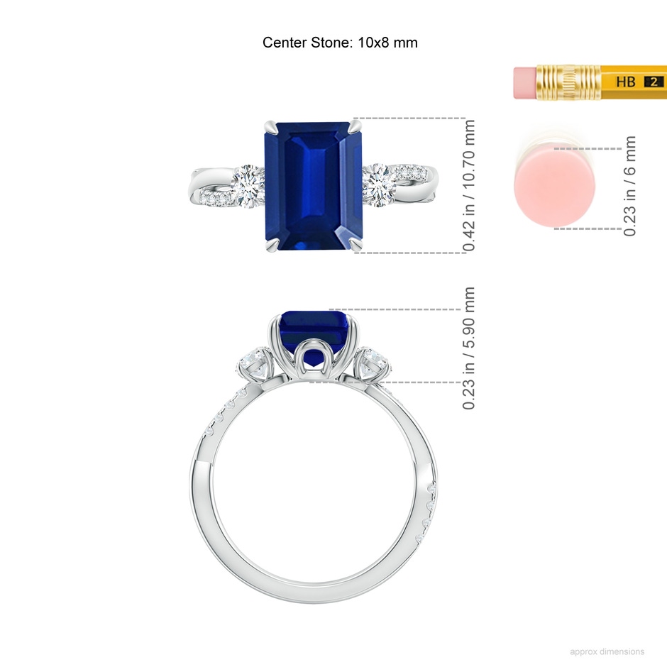 10x8mm AAAA Three Stone Emerald-Cut Blue Sapphire & Round Diamond Engagement Ring in P950 Platinum ruler