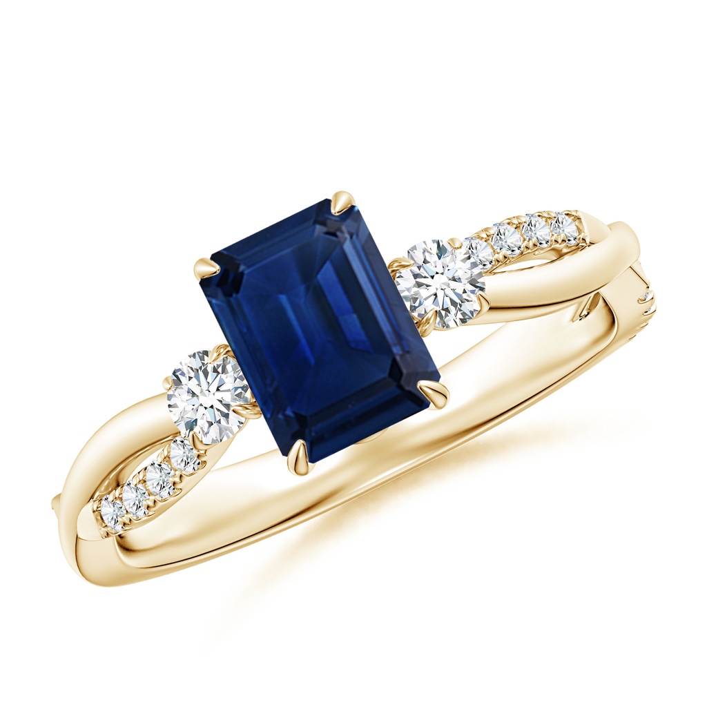 7x5mm AAA Three Stone Emerald-Cut Blue Sapphire & Round Diamond Engagement Ring in Yellow Gold