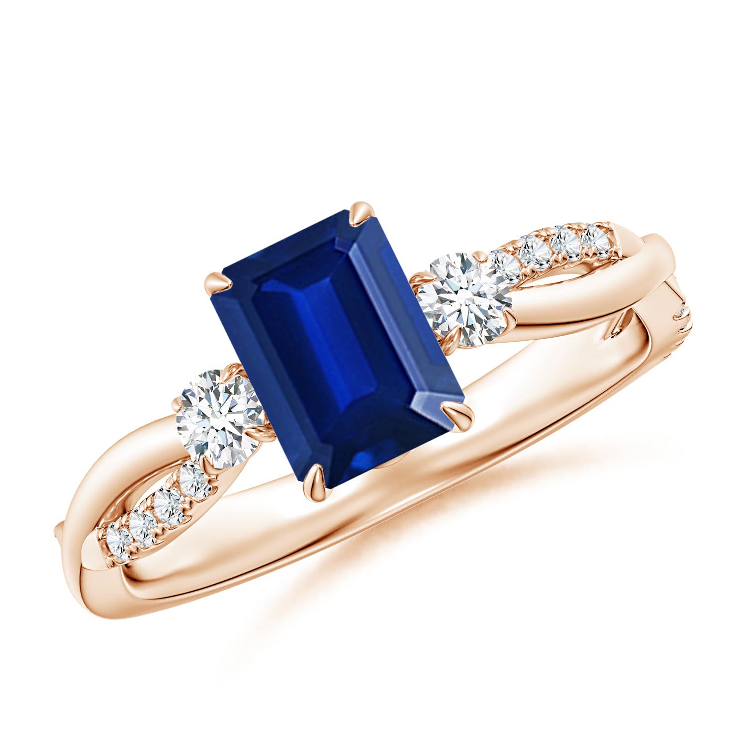 7x5mm AAAA Three Stone Emerald-Cut Blue Sapphire & Round Diamond Engagement Ring in Rose Gold