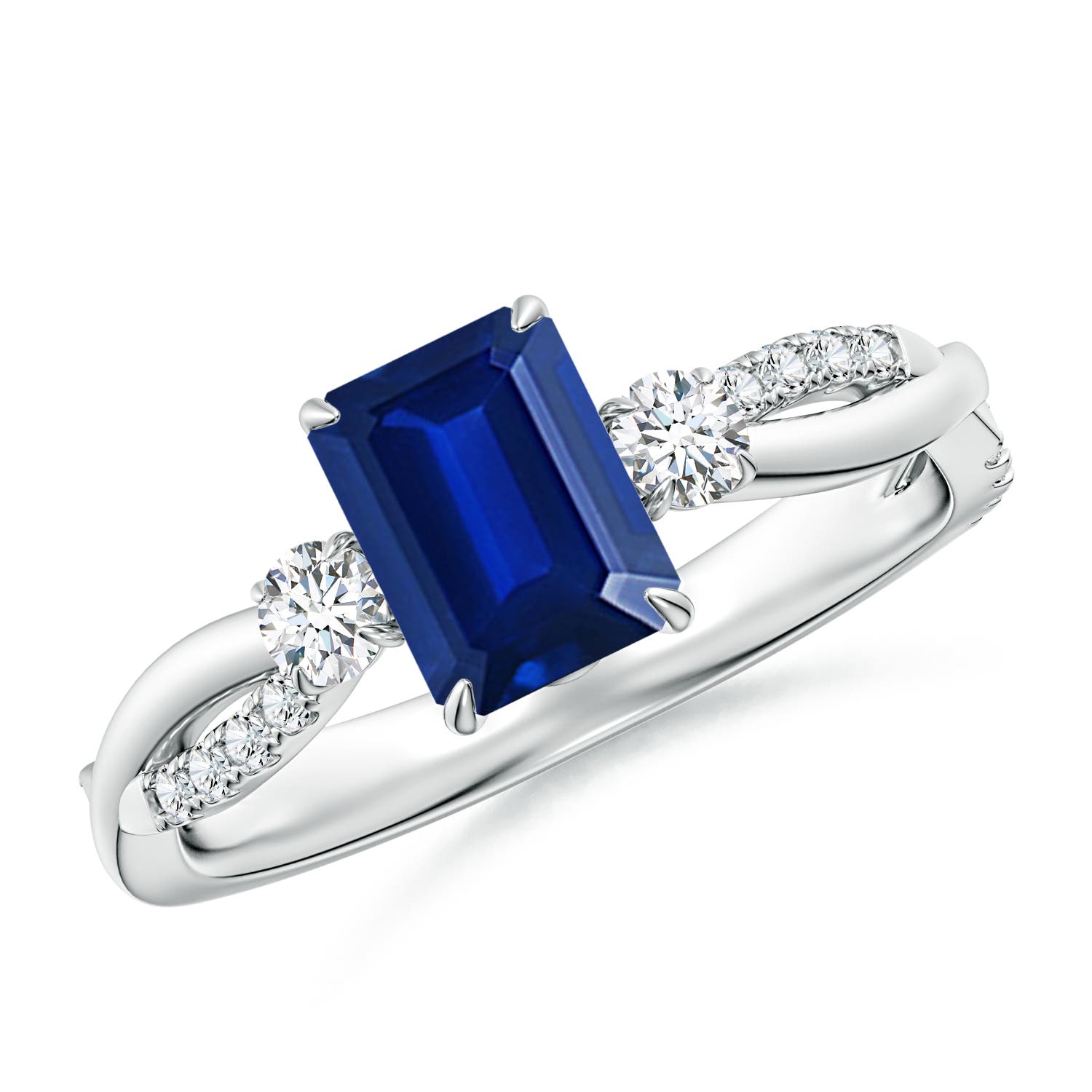 7x5mm AAAA Three Stone Emerald-Cut Blue Sapphire & Round Diamond Engagement Ring in White Gold