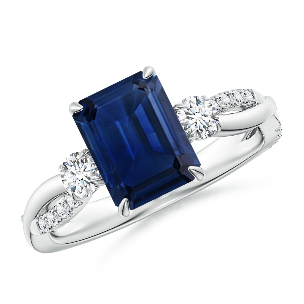 9x7mm AAA Three Stone Emerald-Cut Blue Sapphire & Round Diamond Engagement Ring in White Gold