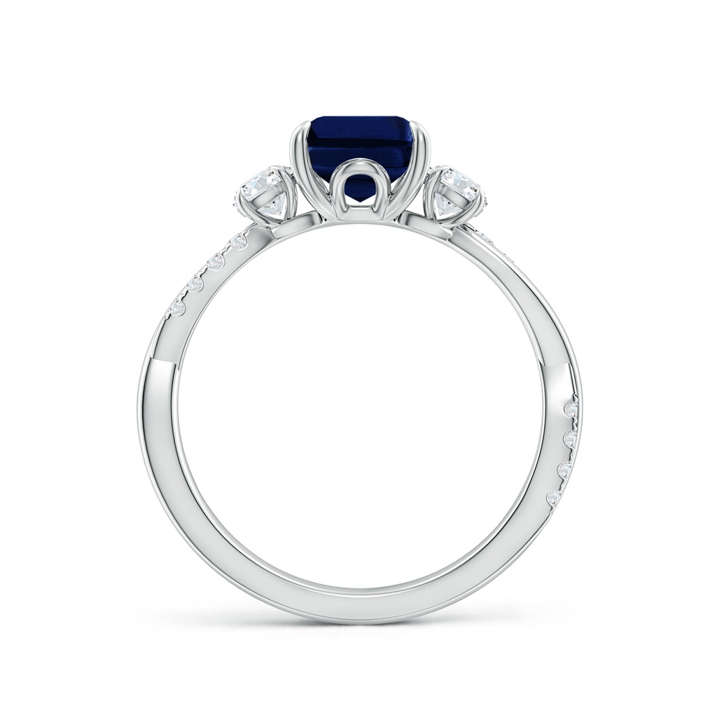 9x7mm AAA Three Stone Emerald-Cut Blue Sapphire & Round Diamond Engagement Ring in White Gold - side 199