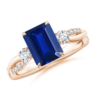 9x7mm AAAA Three Stone Emerald-Cut Blue Sapphire & Round Diamond Engagement Ring in 18K Rose Gold