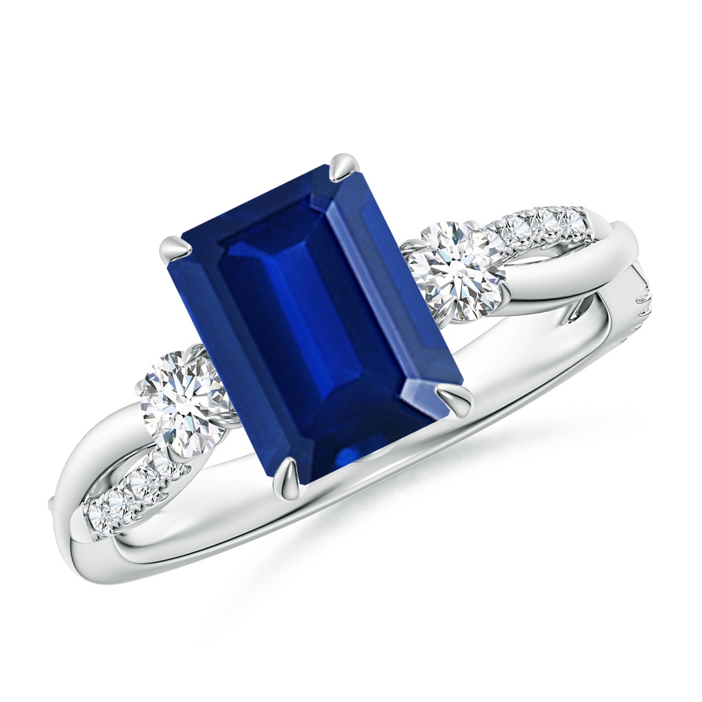 9x7mm Lab-Grown Three Stone Emerald-Cut Blue Sapphire & Round Diamond Engagement Ring in White Gold