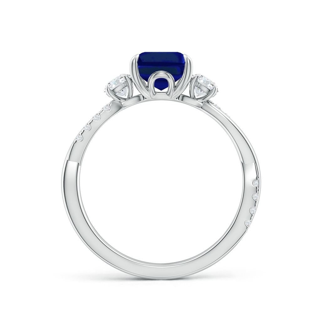9x7mm Lab-Grown Three Stone Emerald-Cut Blue Sapphire & Round Diamond Engagement Ring in White Gold - side 199