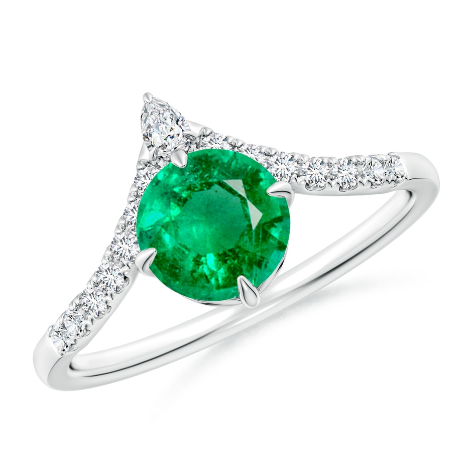 6.5mm AAA Round Emerald and Diamond Chevron Engagement Ring in White Gold 