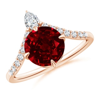 8mm AAAA Round Ruby and Diamond Chevron Engagement Ring in Rose Gold