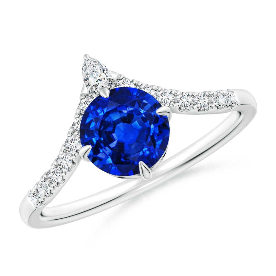 6.5mm Lab-Grown Round Blue Sapphire and Diamond Chevron Engagement Ring in White Gold 