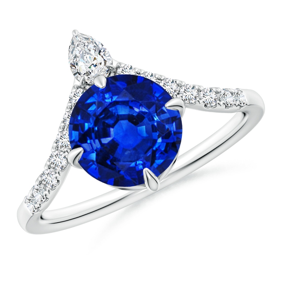 8mm Lab-Grown Round Blue Sapphire and Diamond Chevron Engagement Ring in 18K White Gold 