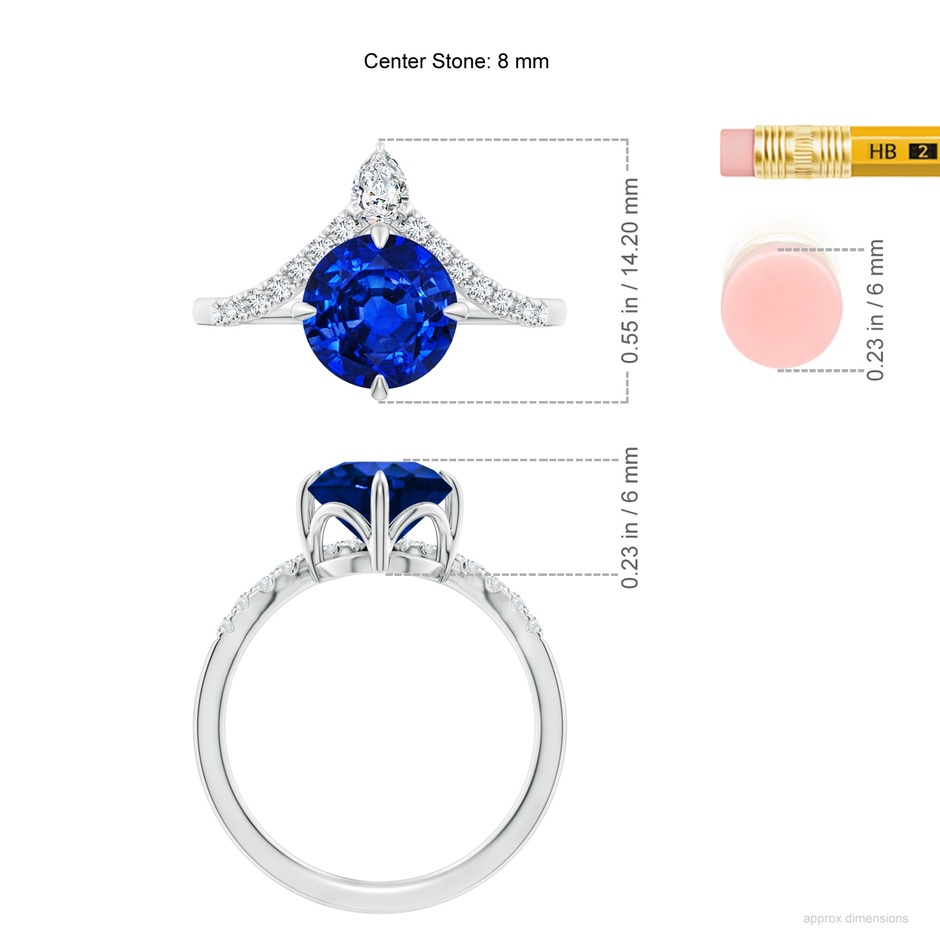 8mm Lab-Grown Round Blue Sapphire and Diamond Chevron Engagement Ring in 18K White Gold ruler