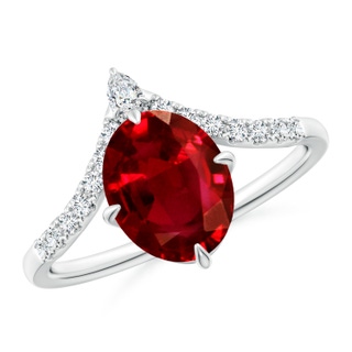 9x7mm AAAA Oval Ruby and Diamond Chevron Engagement Ring in P950 Platinum