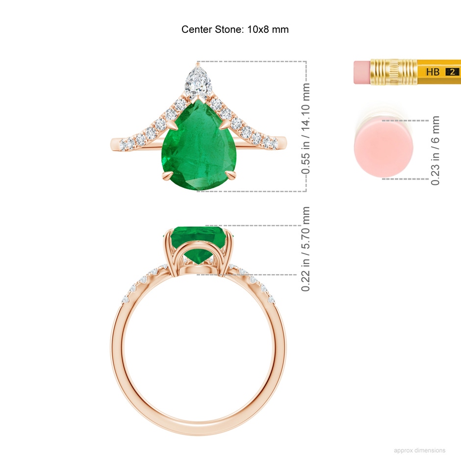 10x8mm AA Pear Emerald and Diamond Chevron Engagement Ring in Rose Gold ruler