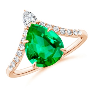 10x8mm AAA Pear Emerald and Diamond Chevron Engagement Ring in 18K Rose Gold