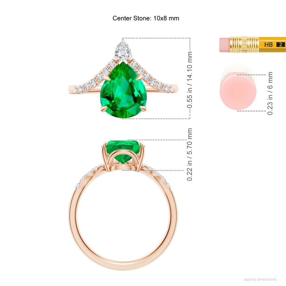 10x8mm AAA Pear Emerald and Diamond Chevron Engagement Ring in Rose Gold ruler