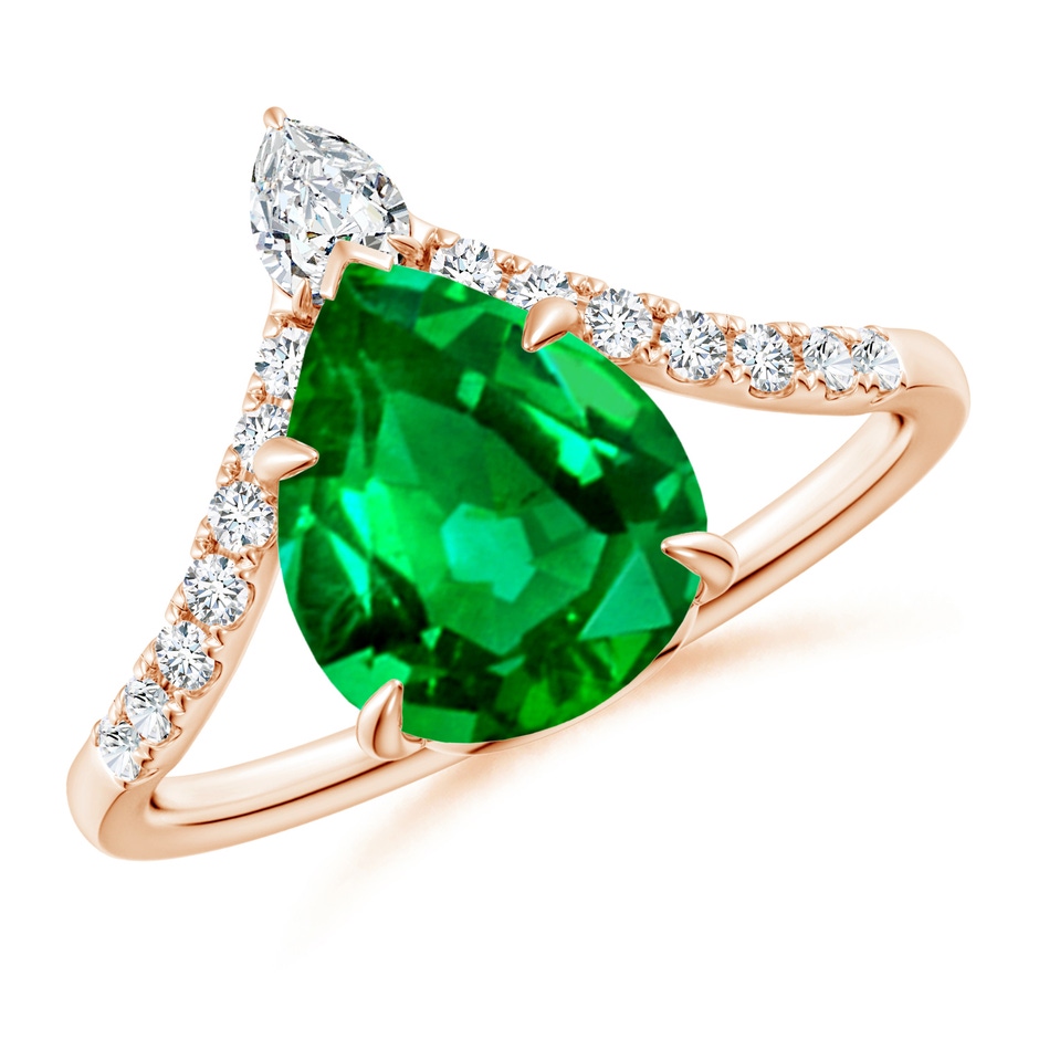 10x8mm AAAA Pear Emerald and Diamond Chevron Engagement Ring in Rose Gold 