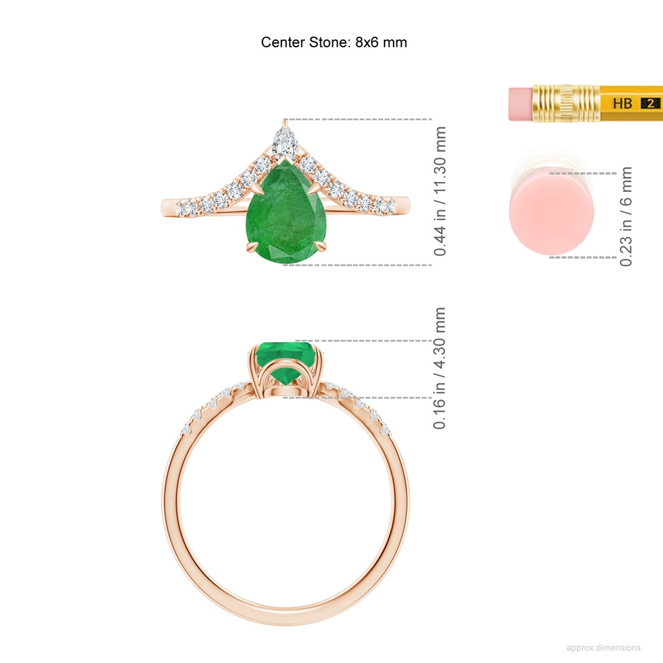 8x6mm A Pear Emerald and Diamond Chevron Engagement Ring in Rose Gold ruler