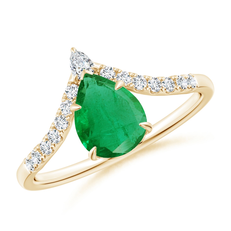 8x6mm AA Pear Emerald and Diamond Chevron Engagement Ring in Yellow Gold 