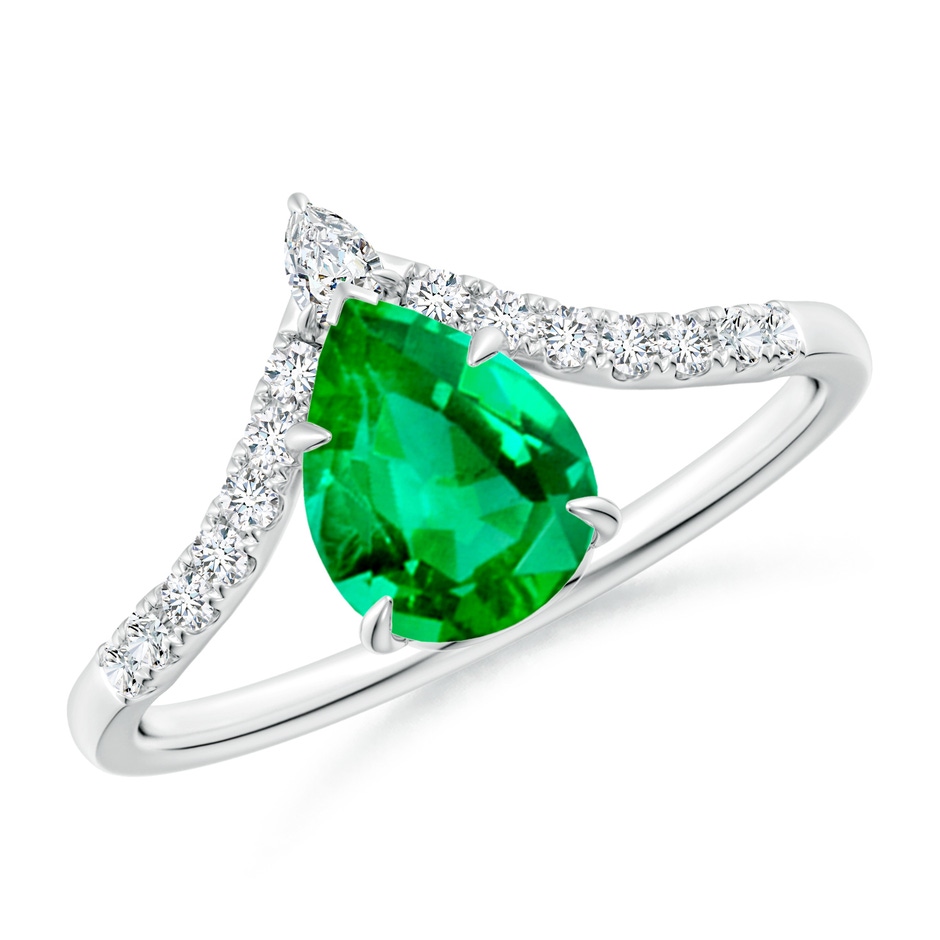 8x6mm AAA Pear Emerald and Diamond Chevron Engagement Ring in White Gold 