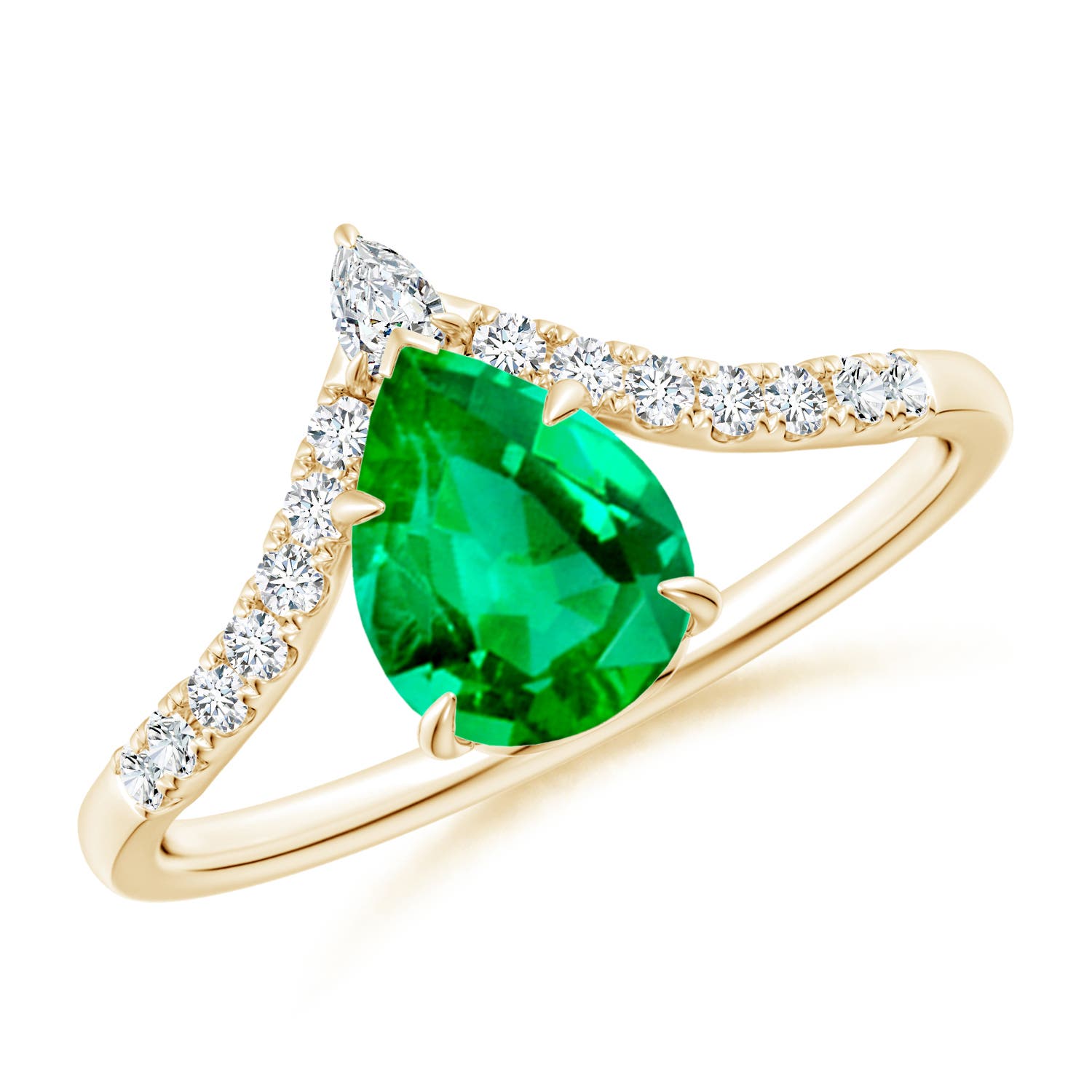 8x6mm AAA Pear Emerald and Diamond Chevron Engagement Ring in Yellow Gold