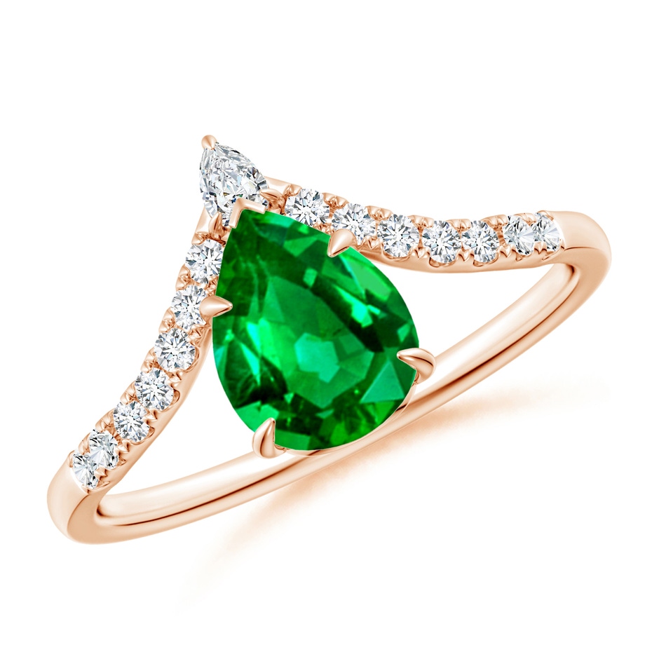 8x6mm AAAA Pear Emerald and Diamond Chevron Engagement Ring in Rose Gold 