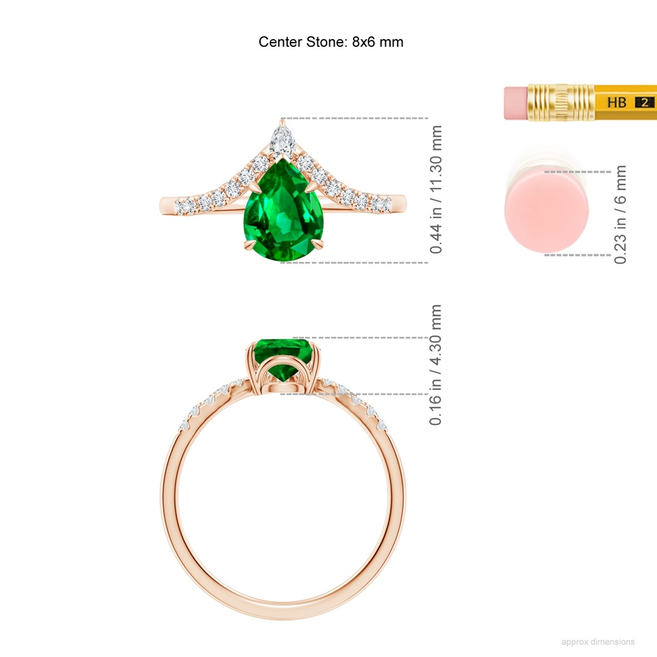 8x6mm AAAA Pear Emerald and Diamond Chevron Engagement Ring in Rose Gold ruler