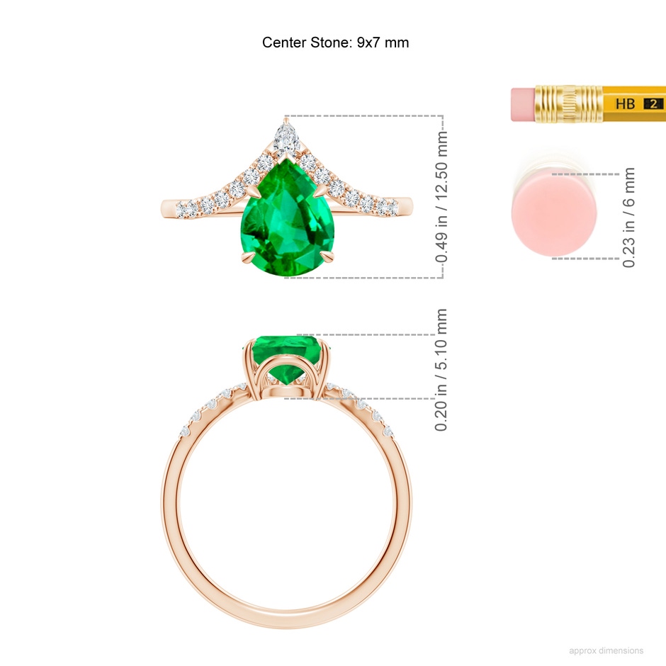 9x7mm AAA Pear Emerald and Diamond Chevron Engagement Ring in Rose Gold ruler