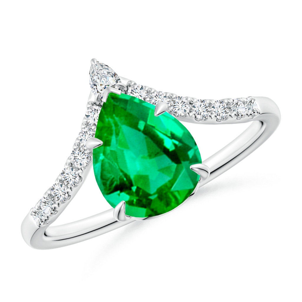 9x7mm AAA Pear Emerald and Diamond Chevron Engagement Ring in White Gold