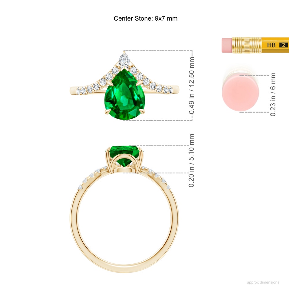 9x7mm AAAA Pear Emerald and Diamond Chevron Engagement Ring in Yellow Gold ruler