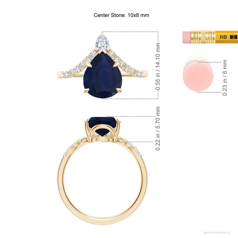 10x8mm A Pear Blue Sapphire and Diamond Chevron Engagement Ring in 18K Yellow Gold ruler