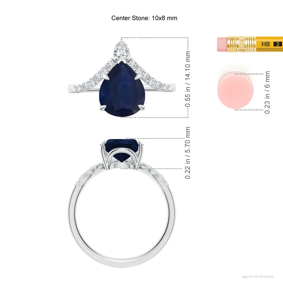 10x8mm A Pear Blue Sapphire and Diamond Chevron Engagement Ring in White Gold ruler