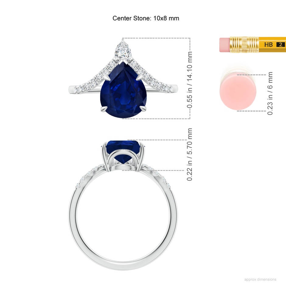 10x8mm AA Pear Blue Sapphire and Diamond Chevron Engagement Ring in White Gold ruler
