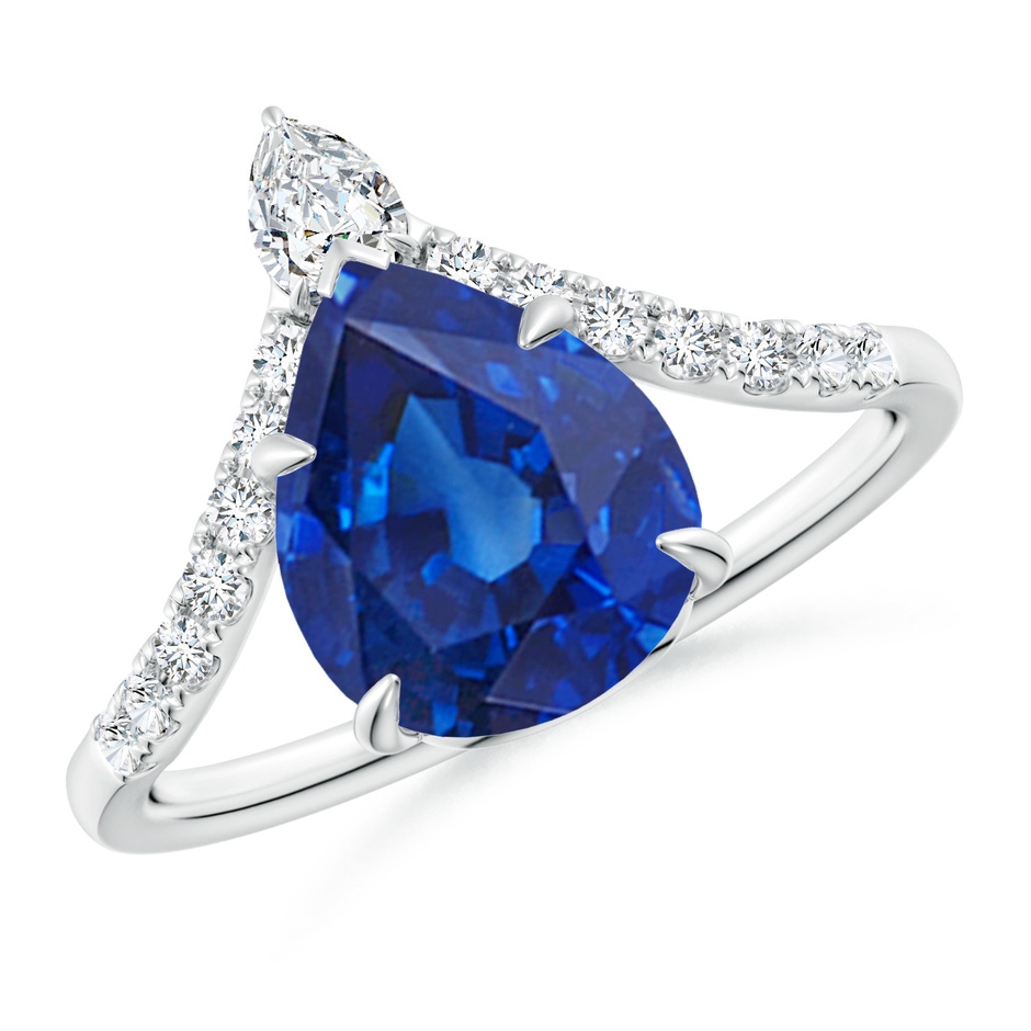 10x8mm AAA Pear Blue Sapphire and Diamond Chevron Engagement Ring in P950 Platinum 