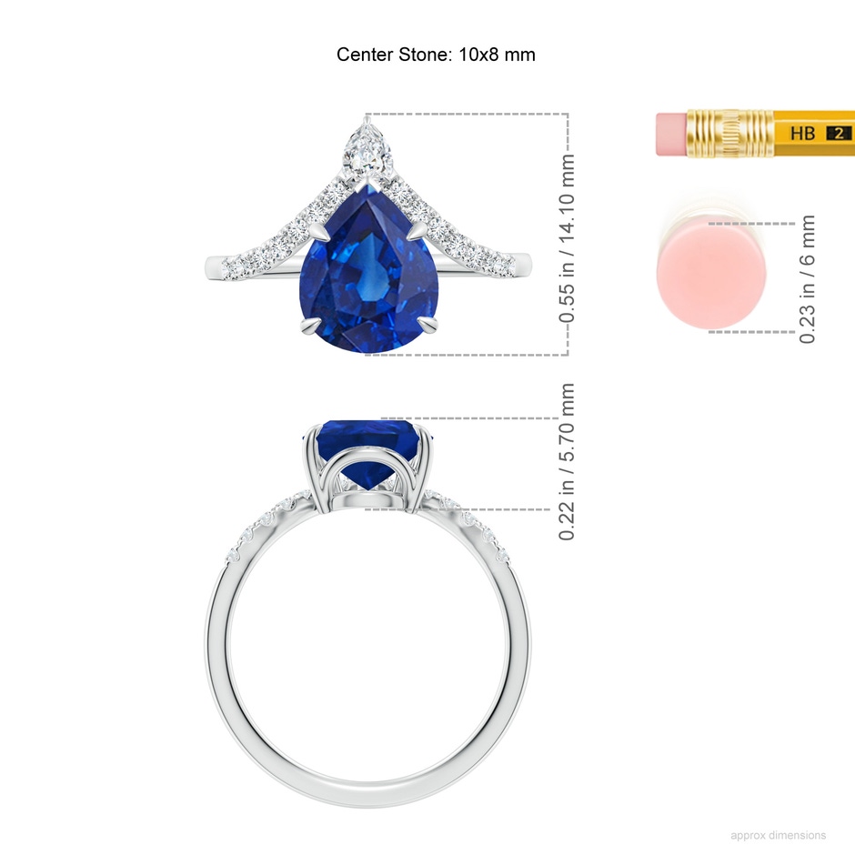 10x8mm AAA Pear Blue Sapphire and Diamond Chevron Engagement Ring in P950 Platinum ruler