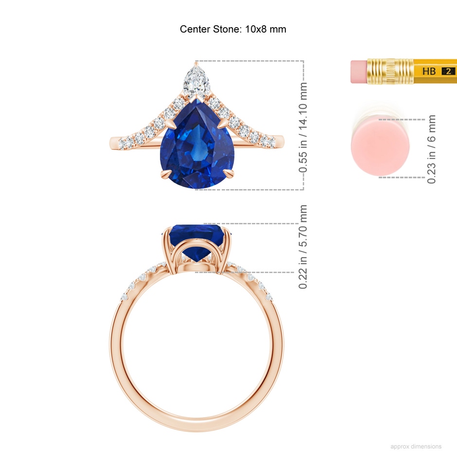 10x8mm AAA Pear Blue Sapphire and Diamond Chevron Engagement Ring in Rose Gold ruler