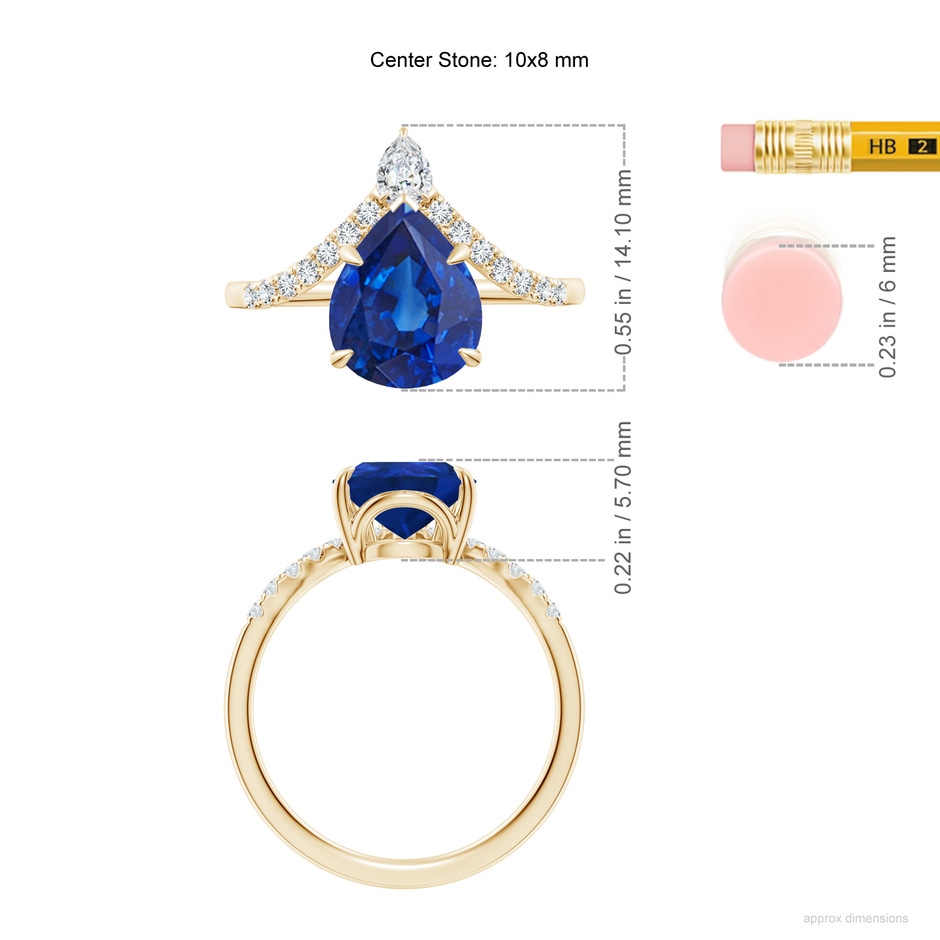 10x8mm AAA Pear Blue Sapphire and Diamond Chevron Engagement Ring in Yellow Gold ruler