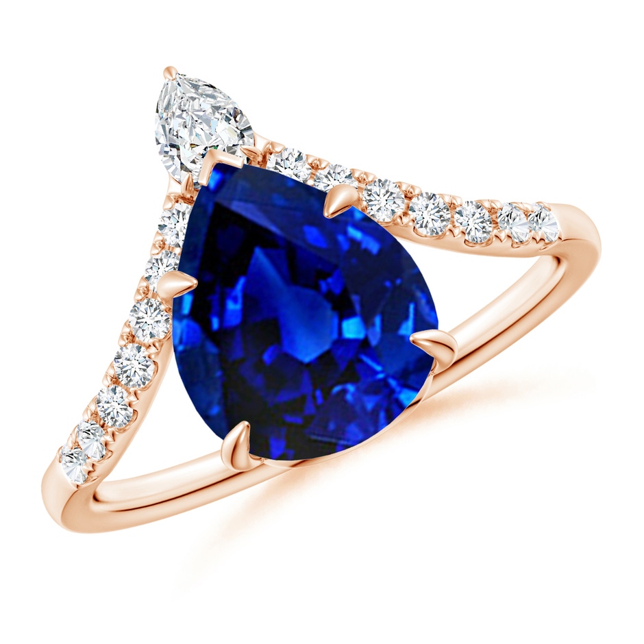 10x8mm Lab-Grown Pear Blue Sapphire and Diamond Chevron Engagement Ring in 18K Rose Gold 