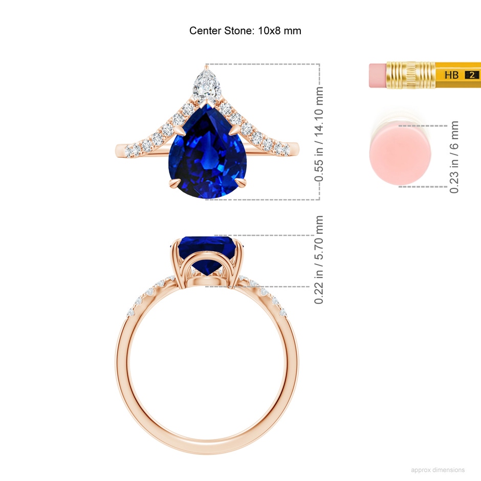10x8mm Lab-Grown Pear Blue Sapphire and Diamond Chevron Engagement Ring in 18K Rose Gold ruler