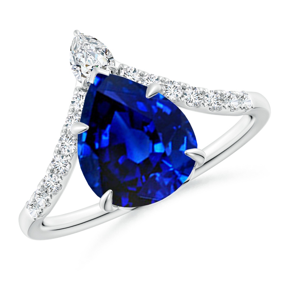 10x8mm Lab-Grown Pear Blue Sapphire and Diamond Chevron Engagement Ring in White Gold 