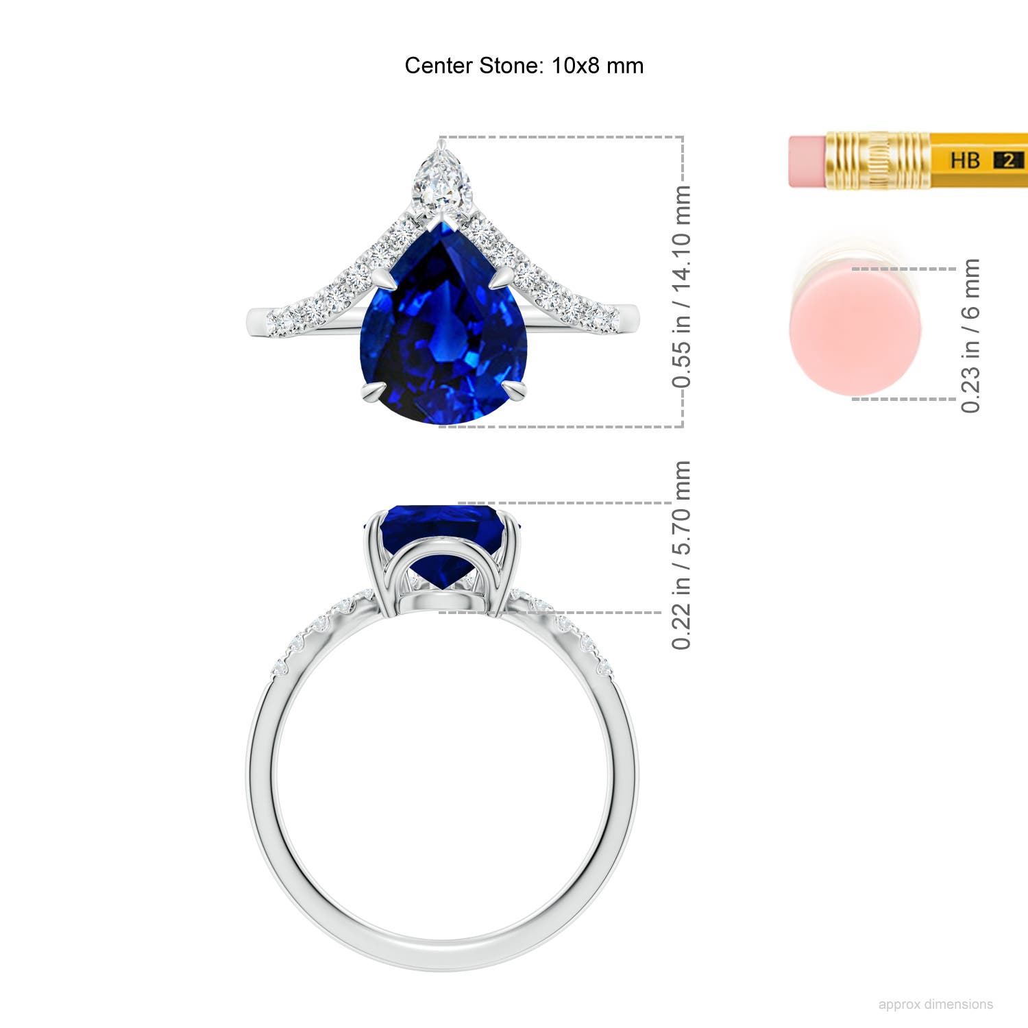 10x8mm AAAA Pear Blue Sapphire and Diamond Chevron Engagement Ring in White Gold - ruler