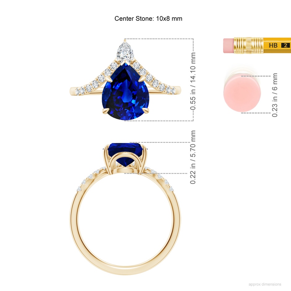 10x8mm Lab-Grown Pear Blue Sapphire and Diamond Chevron Engagement Ring in Yellow Gold ruler