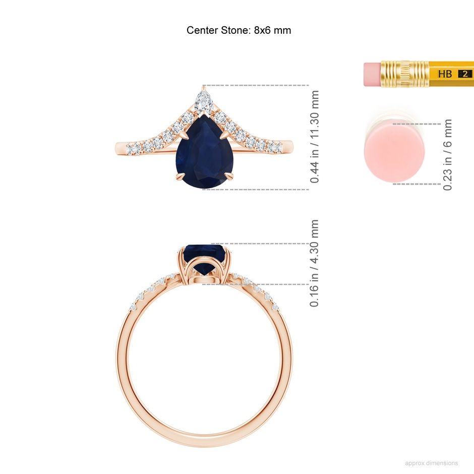 8x6mm A Pear Blue Sapphire and Diamond Chevron Engagement Ring in Rose Gold ruler